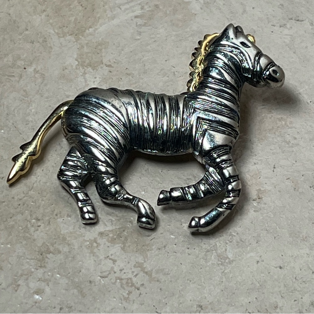 Vintage two tone galloping zebra brooch